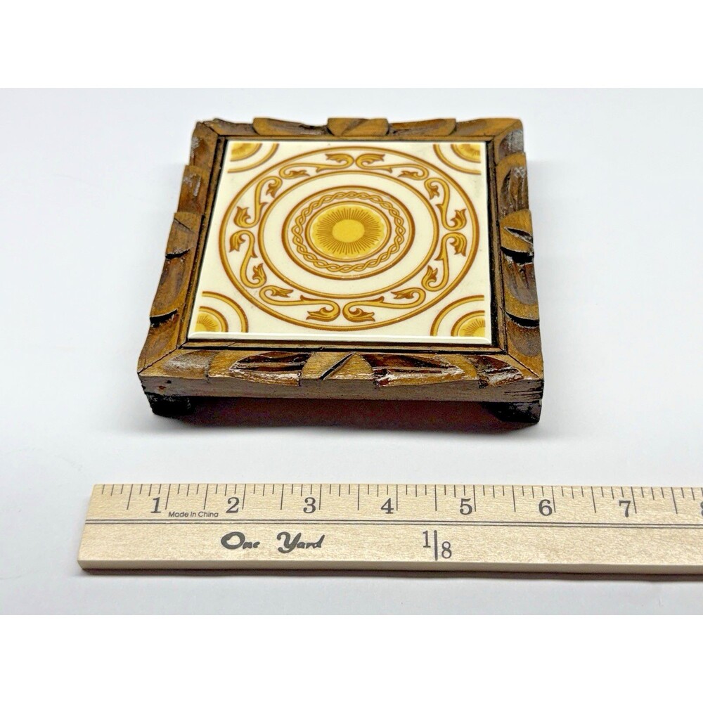 Mexican Tile Trivet Wood Frame Yellow Brown Handcrafted Kitchen Decor Vintage